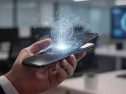 Eine Hand hält ein Smartphone mit KI-Oberfläche, digitale Elemente über unscharfem Bürohintergrund. - Foto: über boerse-global.de