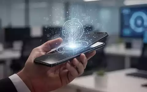 Eine Hand hält ein Smartphone mit KI-Oberfläche, digitale Elemente über unscharfem Bürohintergrund. - Foto: über boerse-global.de