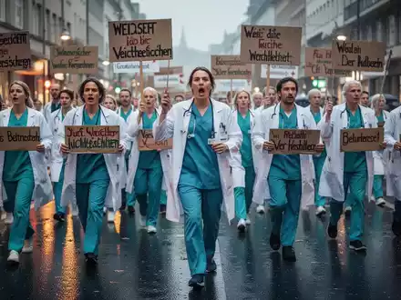 Pflegekräfte in Berufsbekleidung demonstrieren auf einer belebten Straße und halten Protestschilder gegen Gesundheitsreformen. - Foto: über boerse-global.de