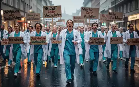 Pflegekräfte in Berufsbekleidung demonstrieren auf einer belebten Straße und halten Protestschilder gegen Gesundheitsreformen. - Foto: über boerse-global.de