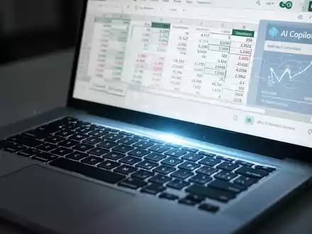 Nahaufnahme einer Laptop-Tastatur mit leuchtendem Bildschirm, der eine Excel-Tabelle und KI-Copilot-Funktionen zeigt, Symbol für fortschrittliche Finanztechnologie. - Foto: über boerse-global.de