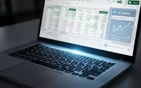 Nahaufnahme einer Laptop-Tastatur mit leuchtendem Bildschirm, der eine Excel-Tabelle und KI-Copilot-Funktionen zeigt, Symbol für fortschrittliche Finanztechnologie. - Foto: über boerse-global.de
