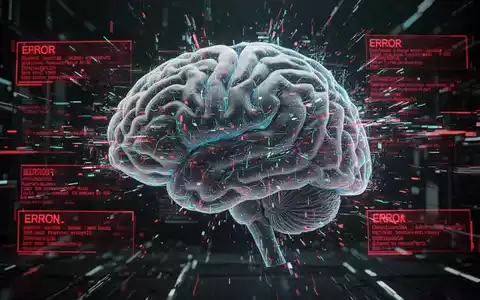 Stilisierte, glitchartige digitale Gehirn- oder neuronale Netzstruktur mit verzerrten Daten und roten Fehlerwarnungen, die KI-Störungen symbolisieren. - Foto: über boerse-global.de