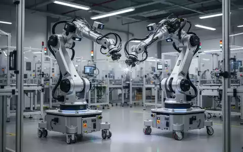 Moderner Industrieroboterarm mit mehreren Sensoren auf Rädern in einer Fabrikhalle. - Foto: über boerse-global.de
