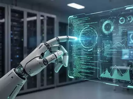 Eine humanoide Roboterhand mit leuchtend blauen Linien berührt einen holografischen Bildschirm mit Daten und Code in einem futuristischen Labor. - Foto: über boerse-global.de