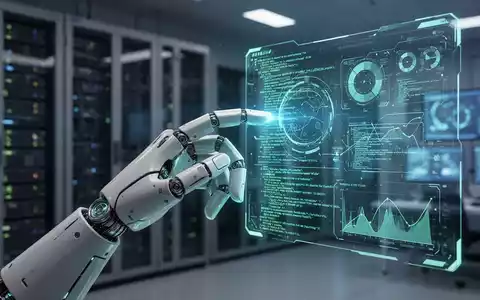 Eine humanoide Roboterhand mit leuchtend blauen Linien berührt einen holografischen Bildschirm mit Daten und Code in einem futuristischen Labor. - Foto: über boerse-global.de
