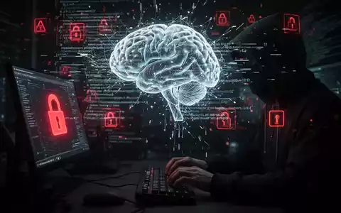 Stilisierte neuronale Netzwerk-Hirn mit Störungen und roten Alarmsymbolen, neben einem tippenden Hacker, das das Versagen der KI bei der Erkennung einer kritischen Schwachstelle darstellt. - Foto: über boerse-global.de