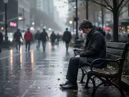 Eine einsame Person sitzt auf einer Parkbank, den Kopf gesenkt, mit verschwommenem Stadtbild im Hintergrund. - Foto: über boerse-global.de