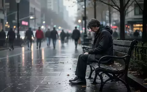 Eine einsame Person sitzt auf einer Parkbank, den Kopf gesenkt, mit verschwommenem Stadtbild im Hintergrund. - Foto: über boerse-global.de
