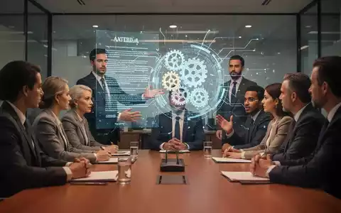 Geschäftsleute diskutieren in einem modernen Konferenzraum, während eine holografische Projektion rechtliche Dokumente und KI-Symbole zeigt. - Foto: über boerse-global.de