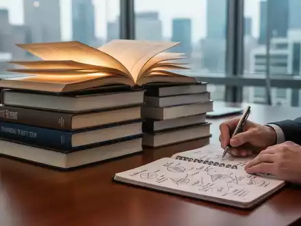 Ein Stapel moderner Bücher auf einem Schreibtisch in einem Büro. Eine Person schreibt Notizen in ein Notizbuch. - Foto: über boerse-global.de