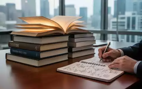 Ein Stapel moderner Bücher auf einem Schreibtisch in einem Büro. Eine Person schreibt Notizen in ein Notizbuch. - Foto: über boerse-global.de