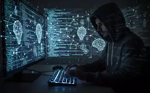 Verschwommene Gestalt in Kapuzenjacke tippt an leuchtender Tastatur, umgeben von digitalem Code und Netzdiagrammen, symbolisiert KI-gestützten Cyberangriff. - Foto: über boerse-global.de