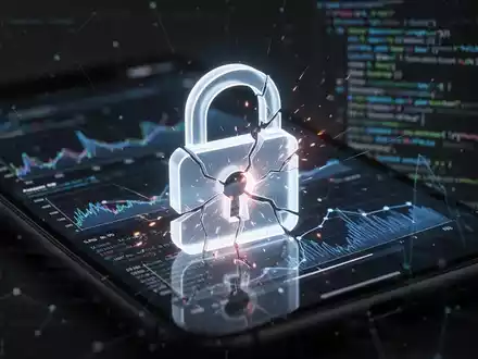 Stilisierte, leuchtende, zerbrochene digitale Vorhängeschloss-Ikone über unscharfem Smartphone-Bildschirm mit Netzwerkverkehr und Code. - Foto: über boerse-global.de