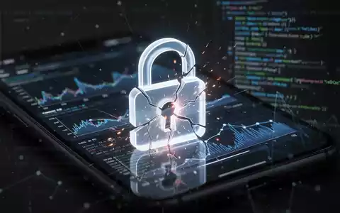 Stilisierte, leuchtende, zerbrochene digitale Vorhängeschloss-Ikone über unscharfem Smartphone-Bildschirm mit Netzwerkverkehr und Code. - Foto: über boerse-global.de