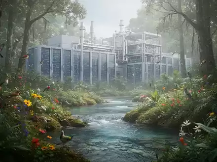 Eine üppige Waldlandschaft mit einem modernen Technologiepark im Hintergrund, der sich harmonisch in die Natur einfügt und Biodiversität schützt. - Foto: über boerse-global.de
