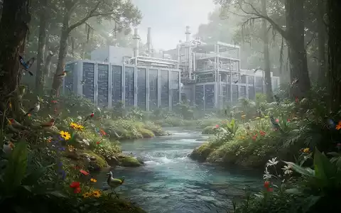 Eine üppige Waldlandschaft mit einem modernen Technologiepark im Hintergrund, der sich harmonisch in die Natur einfügt und Biodiversität schützt. - Foto: über boerse-global.de