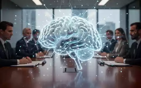 Ein stilisiertes, leuchtendes neuronales Netz über einem Konferenztisch, das KI und Unternehmensführung symbolisiert. - Foto: über boerse-global.de