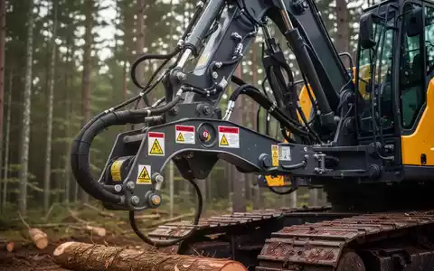 Nahaufnahme der Hydraulik einer Forstmaschine mit Sicherheitsmerkmalen und Warnhinweisen im Vordergrund, unscharfer Waldhintergrund. - Foto: über boerse-global.de