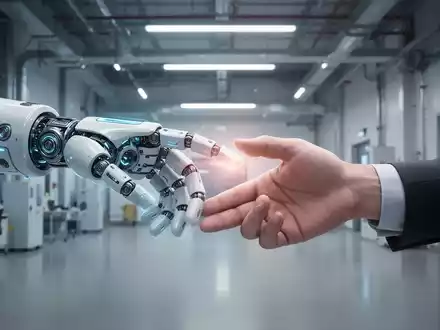 Nahaufnahme einer Roboterhand, die sanft eine menschliche Hand in einer modernen Industrieumgebung berührt und Zusammenarbeit symbolisiert. - Foto: über boerse-global.de
