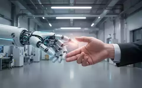 Nahaufnahme einer Roboterhand, die sanft eine menschliche Hand in einer modernen Industrieumgebung berührt und Zusammenarbeit symbolisiert. - Foto: über boerse-global.de