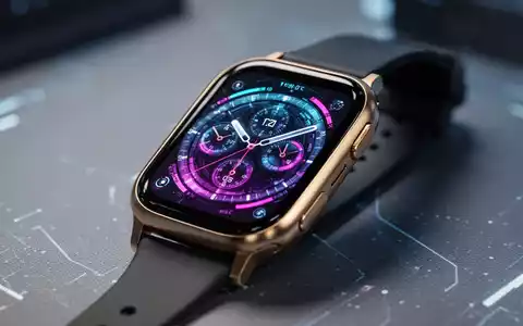 Nahaufnahme einer modernen Smartwatch mit goldenem Metallrahmen und leuchtendem, futuristischem Display. - Foto: über boerse-global.de