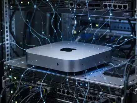 Ein leuchtender Mac Mini in einem Serverrack mit abstrakten digitalen Mustern, die KI-Verarbeitung darstellen. - Foto: über boerse-global.de