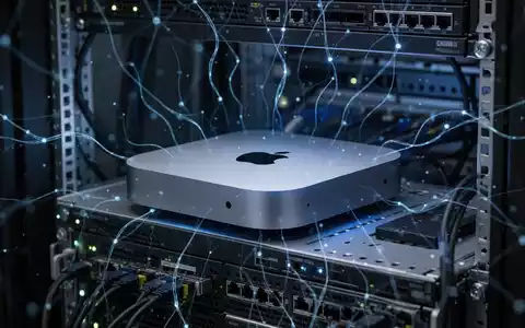 Ein leuchtender Mac Mini in einem Serverrack mit abstrakten digitalen Mustern, die KI-Verarbeitung darstellen. - Foto: über boerse-global.de