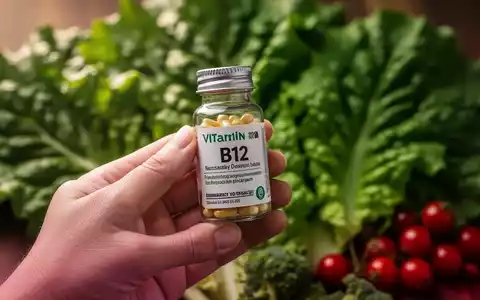 Eine Hand hält ein Fläschchen Vitamin-B12-Nahrungsergänzungsmittel über einem unscharfen Hintergrund aus Gemüse und Beeren. - Foto: über boerse-global.de