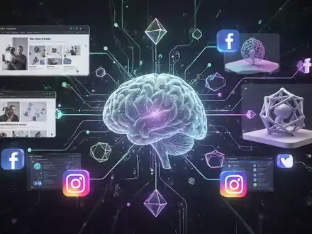 Abstrakte Darstellung digitaler Design- und KI-Tools mit leuchtenden Linien, die Portfolio, 3D-Modell und Social-Media-Icons verbinden. - Foto: über boerse-global.de