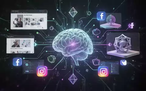 Abstrakte Darstellung digitaler Design- und KI-Tools mit leuchtenden Linien, die Portfolio, 3D-Modell und Social-Media-Icons verbinden. - Foto: über boerse-global.de