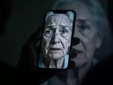 Eine Hand hält ein Smartphone, dessen Bildschirm das verzerrte Gesicht einer älteren, verängstigten Person widerspiegelt. - Foto: über boerse-global.de