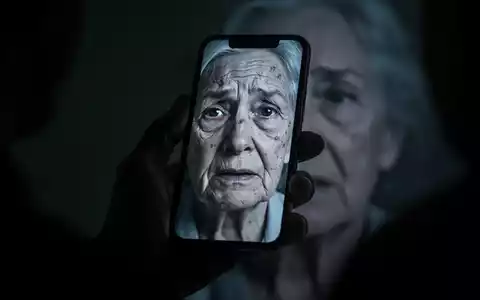 Eine Hand hält ein Smartphone, dessen Bildschirm das verzerrte Gesicht einer älteren, verängstigten Person widerspiegelt. - Foto: über boerse-global.de
