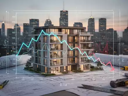 Ein Bauplan eines Wohngebäudes überlagert von fallenden Finanzgrafiken vor einer Stadtkulisse bei Dämmerung, mit Rechtsdokumenten und Werkzeugen. - Foto: über boerse-global.de