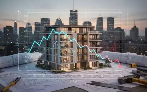 Ein Bauplan eines Wohngebäudes überlagert von fallenden Finanzgrafiken vor einer Stadtkulisse bei Dämmerung, mit Rechtsdokumenten und Werkzeugen. - Foto: über boerse-global.de