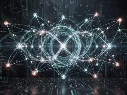 Abstraktes digitales Netzwerk mit leuchtenden Knoten und Linien, das KI-Lernschleifen und vernetzte Systeme mit Leiterplattenelementen darstellt. - Foto: über boerse-global.de