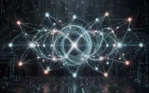 Abstraktes digitales Netzwerk mit leuchtenden Knoten und Linien, das KI-Lernschleifen und vernetzte Systeme mit Leiterplattenelementen darstellt. - Foto: über boerse-global.de