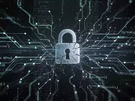 Stilisierte digitale Landschaft mit leuchtenden Datenströmen und einem teilweise zerbrochenen Vorhängeschloss-Symbol, das Datenlecks und Cybersicherheitsbedrohungen darstellt. - Foto: über boerse-global.de