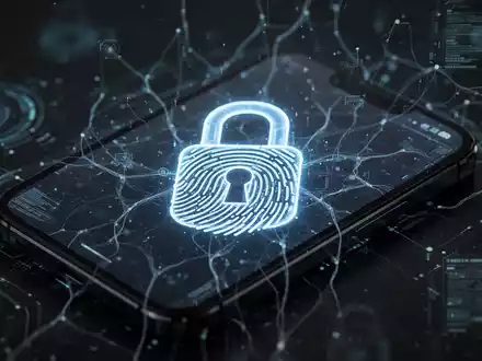 Smartphone-Bildschirm mit leuchtendem Vorhängeschloss, Fingerabdruck-Linien und KI-Netzmustern für verbesserte Sicherheit. - Foto: über boerse-global.de