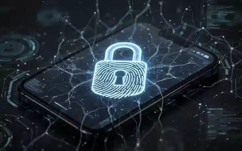 Smartphone-Bildschirm mit leuchtendem Vorhängeschloss, Fingerabdruck-Linien und KI-Netzmustern für verbesserte Sicherheit. - Foto: über boerse-global.de