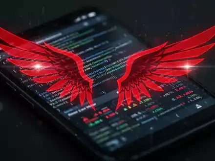 Stilisierte rote Flügelgrafik über unscharfem Smartphone-Bildschirm mit Code und Finanzdaten, Symbol für mobile Malware. - Foto: über boerse-global.de