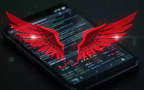 Stilisierte rote Flügelgrafik über unscharfem Smartphone-Bildschirm mit Code und Finanzdaten, Symbol für mobile Malware. - Foto: über boerse-global.de