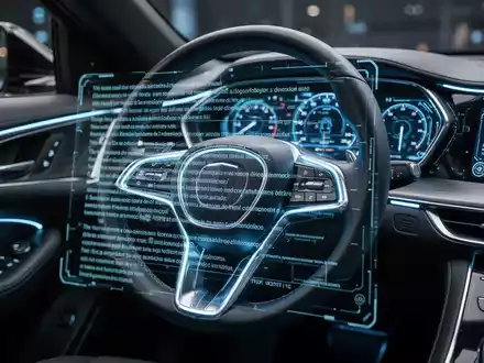 Futuristisches Lenkrad mit digitalen Anzeigen, überlagert von transparentem Rechtstext, der Vorschriften für automatisierte Fahrzeuge symbolisiert. - Foto: über boerse-global.de