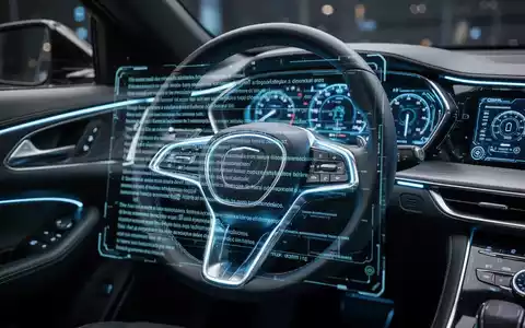 Futuristisches Lenkrad mit digitalen Anzeigen, überlagert von transparentem Rechtstext, der Vorschriften für automatisierte Fahrzeuge symbolisiert. - Foto: über boerse-global.de