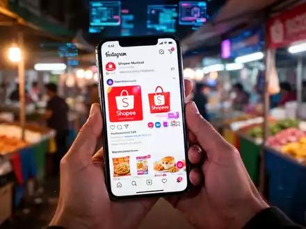 Smartphone zeigt Instagram Reels mit Shopee-Produkten, gehalten in einem südostasiatischen Markt, symbolisiert E-Commerce und Affiliate-Marketing. - Foto: über boerse-global.de