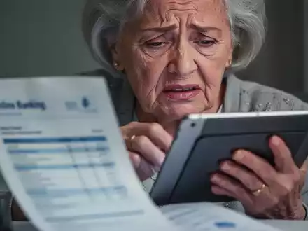 Ältere Frau mit frustriertem Blick kämpft mit digitalem Tablet für Bankgeschäfte, symbolisiert Herausforderungen für Senioren. - Foto: über boerse-global.de