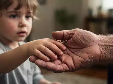 Eine Kinderhand berührt sanft eine erwachsene Hand, die Abnutzung und Last andeutet, vor einem verschwommenen Hintergrund. - Foto: über boerse-global.de