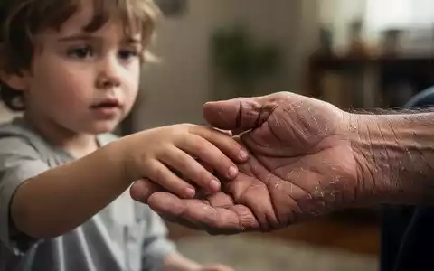 Eine Kinderhand berührt sanft eine erwachsene Hand, die Abnutzung und Last andeutet, vor einem verschwommenen Hintergrund. - Foto: über boerse-global.de