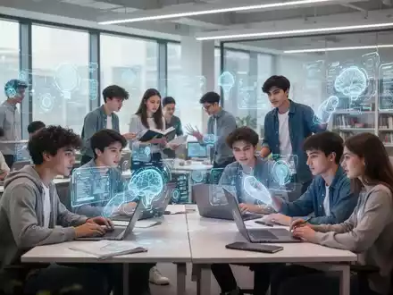 Junge Studierende nutzen Laptops und interaktive Bildschirme in einem modernen Lernraum, um mit KI-Tools zu lernen. - Foto: über boerse-global.de