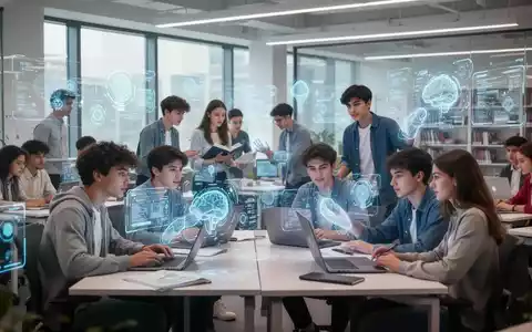 Junge Studierende nutzen Laptops und interaktive Bildschirme in einem modernen Lernraum, um mit KI-Tools zu lernen. - Foto: über boerse-global.de